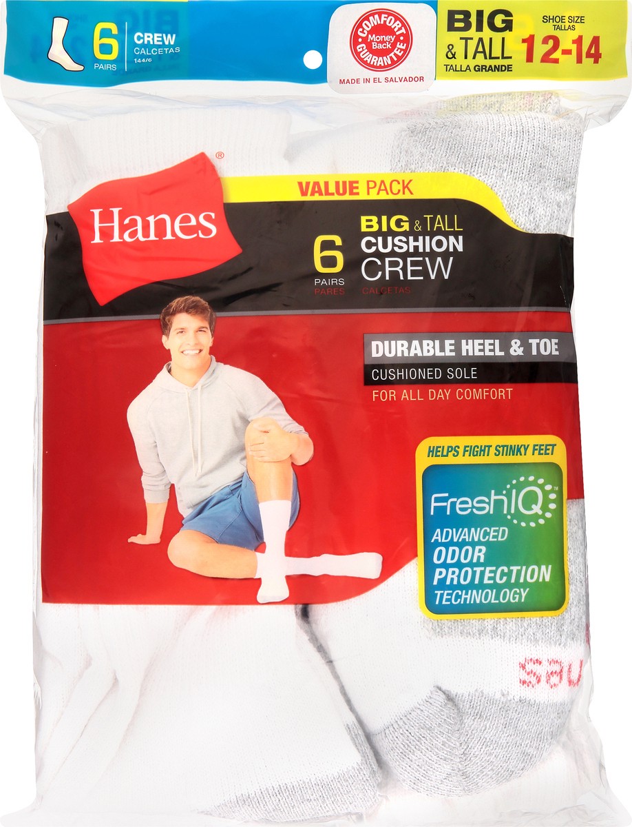 slide 7 of 8, Hanes Cushion Crew Socks, Big & Tall, Shoe Size 12-14, Value Pack, 6 ct