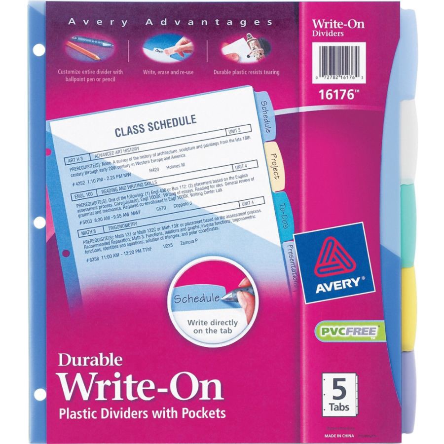 slide 4 of 4, Avery Write & Erase Plastic Dividers with Pocket, Multicolor, 5-Tab Set, 5 ct