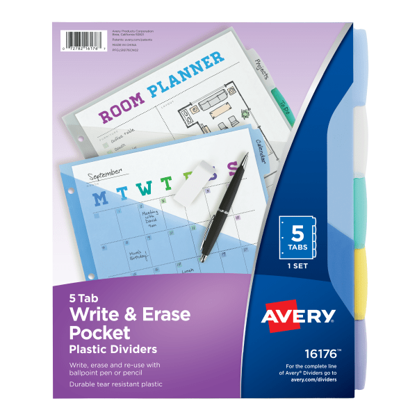 slide 1 of 4, Avery Write & Erase Plastic Dividers with Pocket, Multicolor, 5-Tab Set, 5 ct