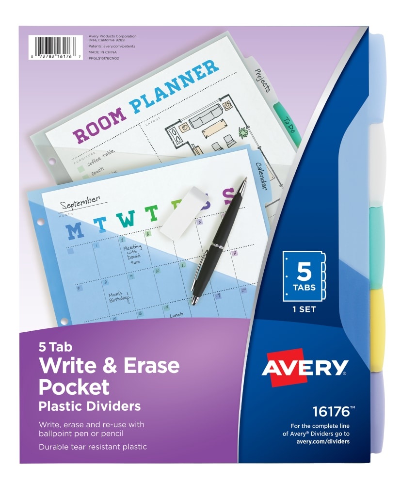 slide 1 of 1, Avery Write & Erase Plastic Dividers with Pocket, Multicolor, 5-Tab Set, 5 ct