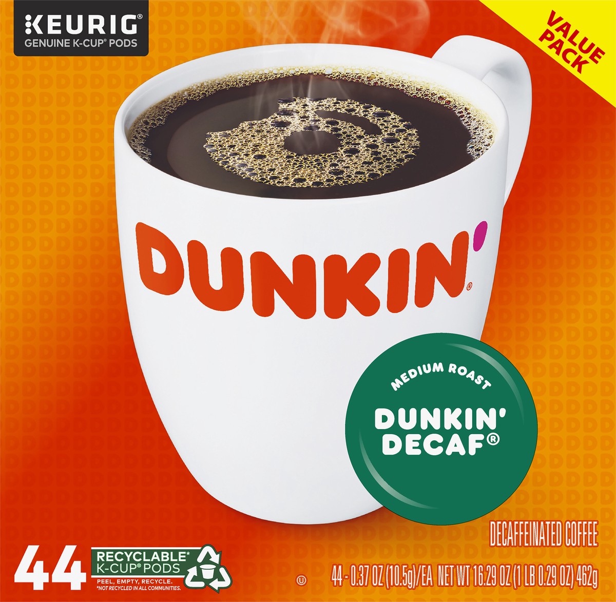 slide 2 of 10, Dunkin' Decaf Value Pack K-Cup Pods Decaffeinated Medium Roast Coffee 44-0.37 oz Cups, 44 ct