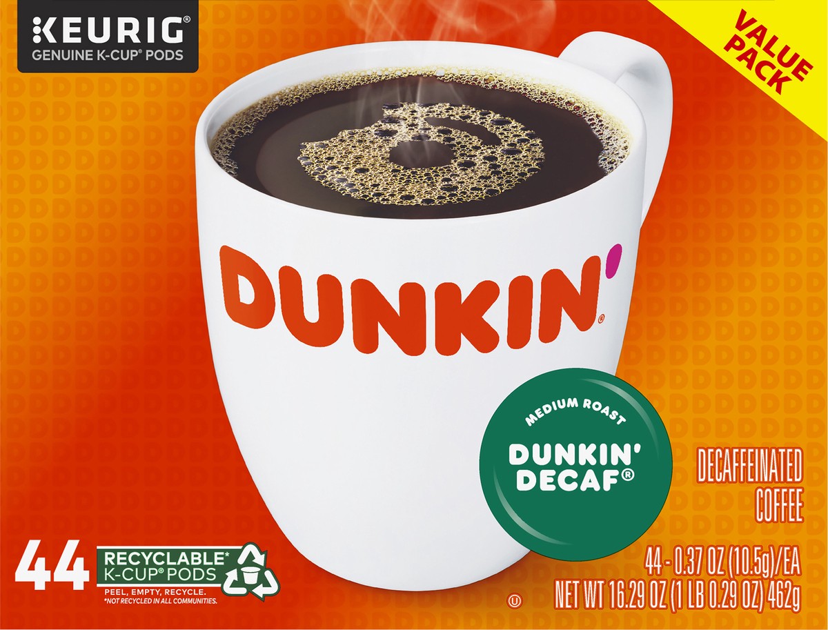 slide 3 of 10, Dunkin' Decaf Value Pack K-Cup Pods Decaffeinated Medium Roast Coffee 44-0.37 oz Cups, 44 ct