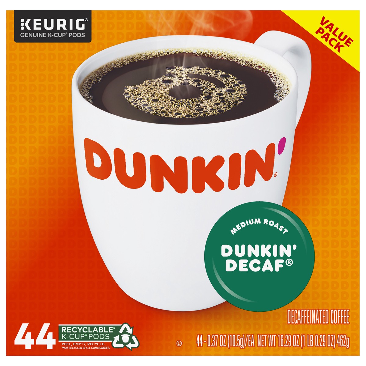 slide 4 of 10, Dunkin' Decaf Value Pack K-Cup Pods Decaffeinated Medium Roast Coffee 44-0.37 oz Cups, 44 ct