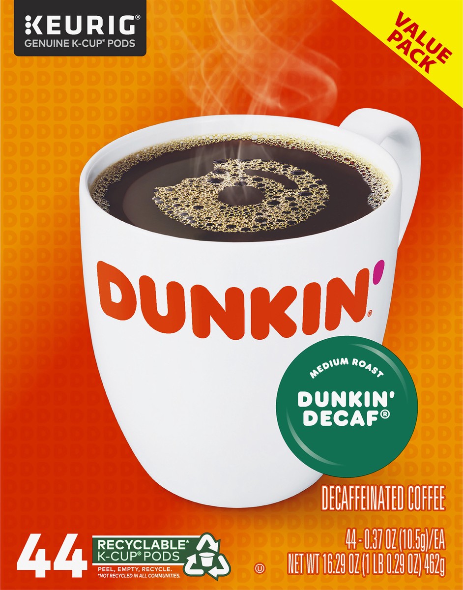 slide 10 of 10, Dunkin' Decaf Value Pack K-Cup Pods Decaffeinated Medium Roast Coffee 44-0.37 oz Cups, 44 ct