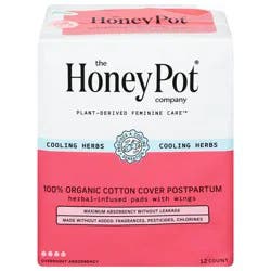The Honey Pot Company 100% Organic Cotton Cover Postpartum Pads with Wings, 12 Count