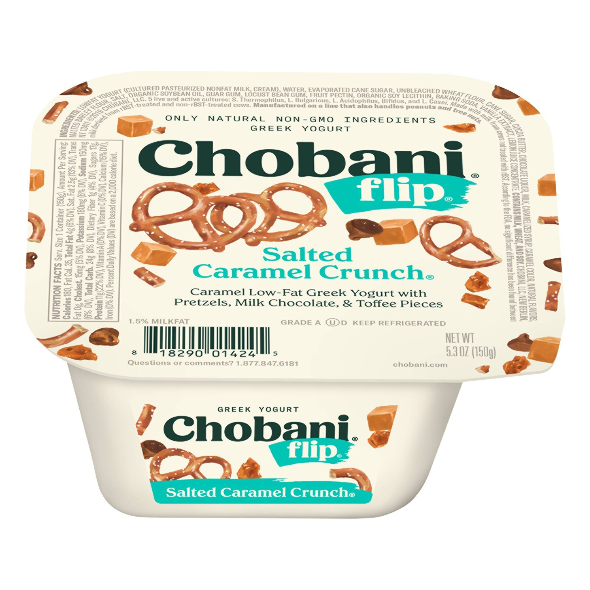 slide 1 of 8, Chobani Flip Salted Caramel Crunch Low-Fat Greek Yogurt, 5.3 oz