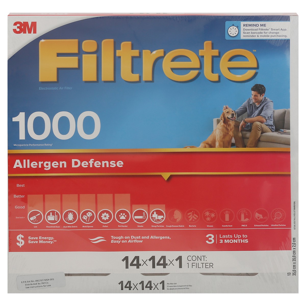 slide 10 of 11, 3M Filtrete 1000 Allergen Defense Electrostatic Air Filter 1 ea, 1 ct