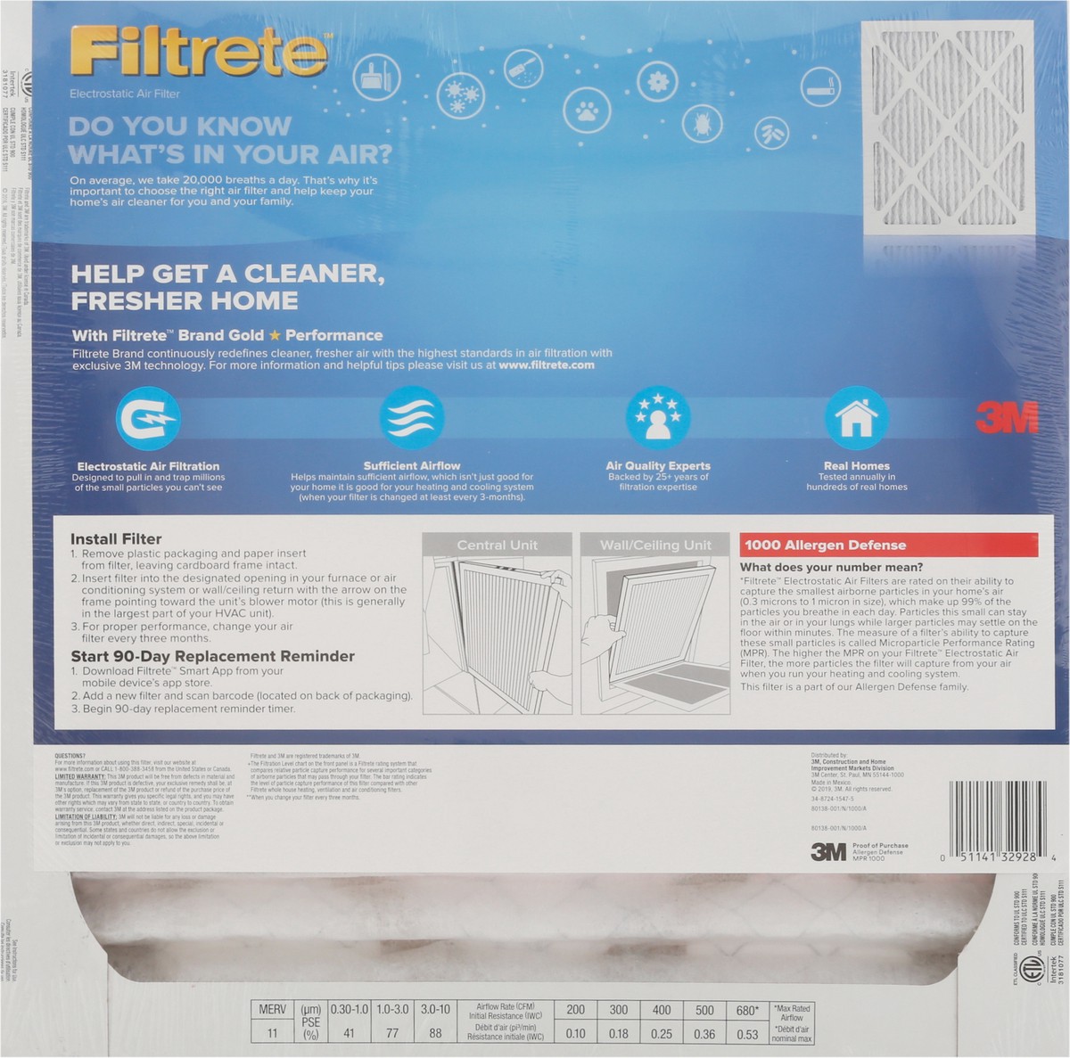 slide 11 of 11, 3M Filtrete 1000 Allergen Defense Electrostatic Air Filter 1 ea, 1 ct