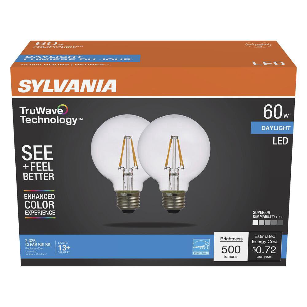 slide 1 of 1, Sylvania TruWave 60-Watt G25 Clear Daylight LED Light Bulbs, 2 ct