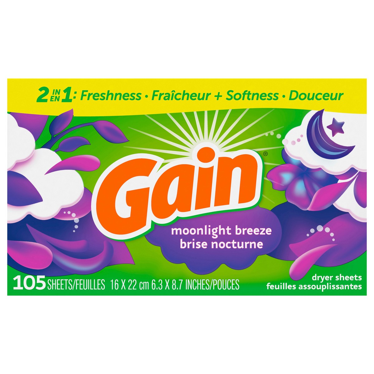 slide 1 of 1, Gain dryer sheets, 105 Count, Moonlight Breeze Scent, Laundry Fabric Softener Sheets with 2-in-1 Aromaboost Plus Softness, 105 ct