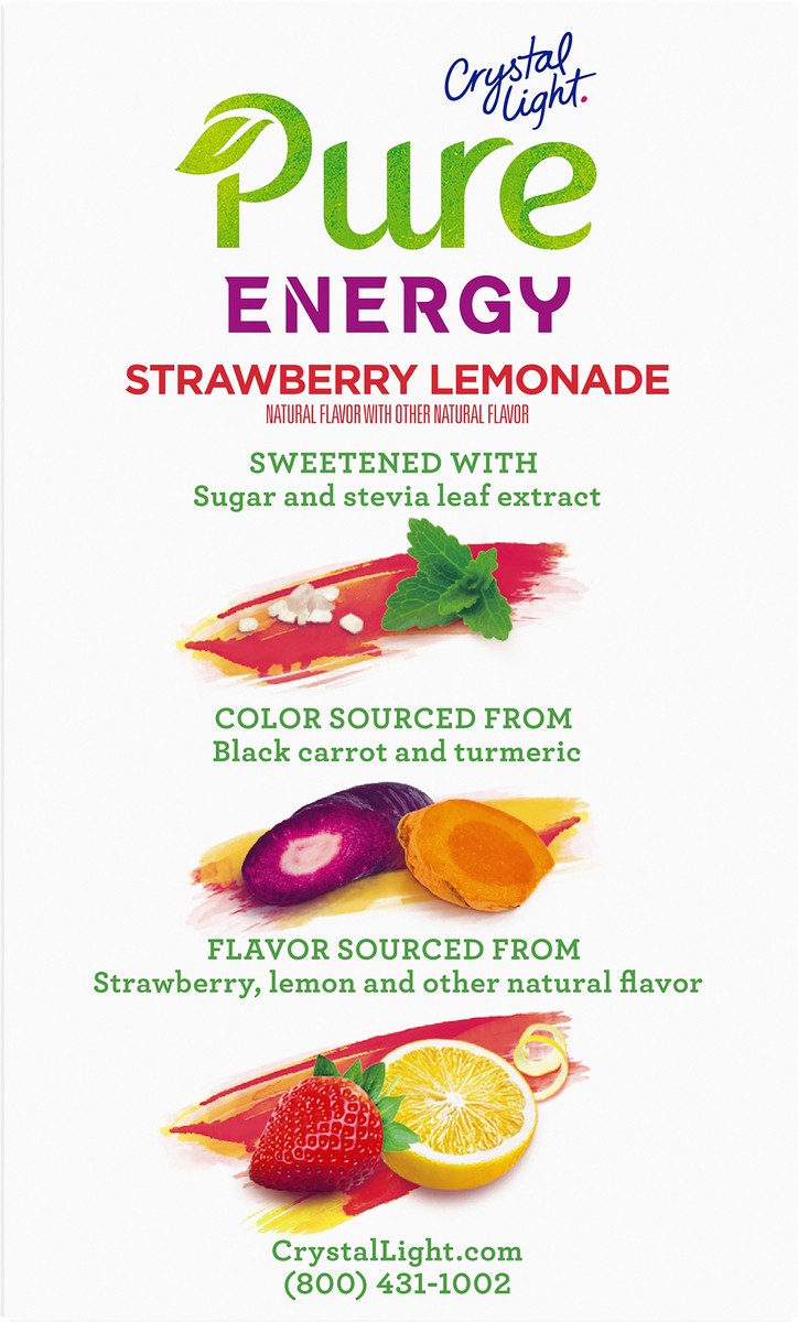 slide 3 of 14, Crystal Light Pure Energy Strawberry Lemonade Naturally Flavored Powdered Drink Mix with Caffeine & No Artificial Sweeteners, 6 ct On-the-Go Packets, 6 ct