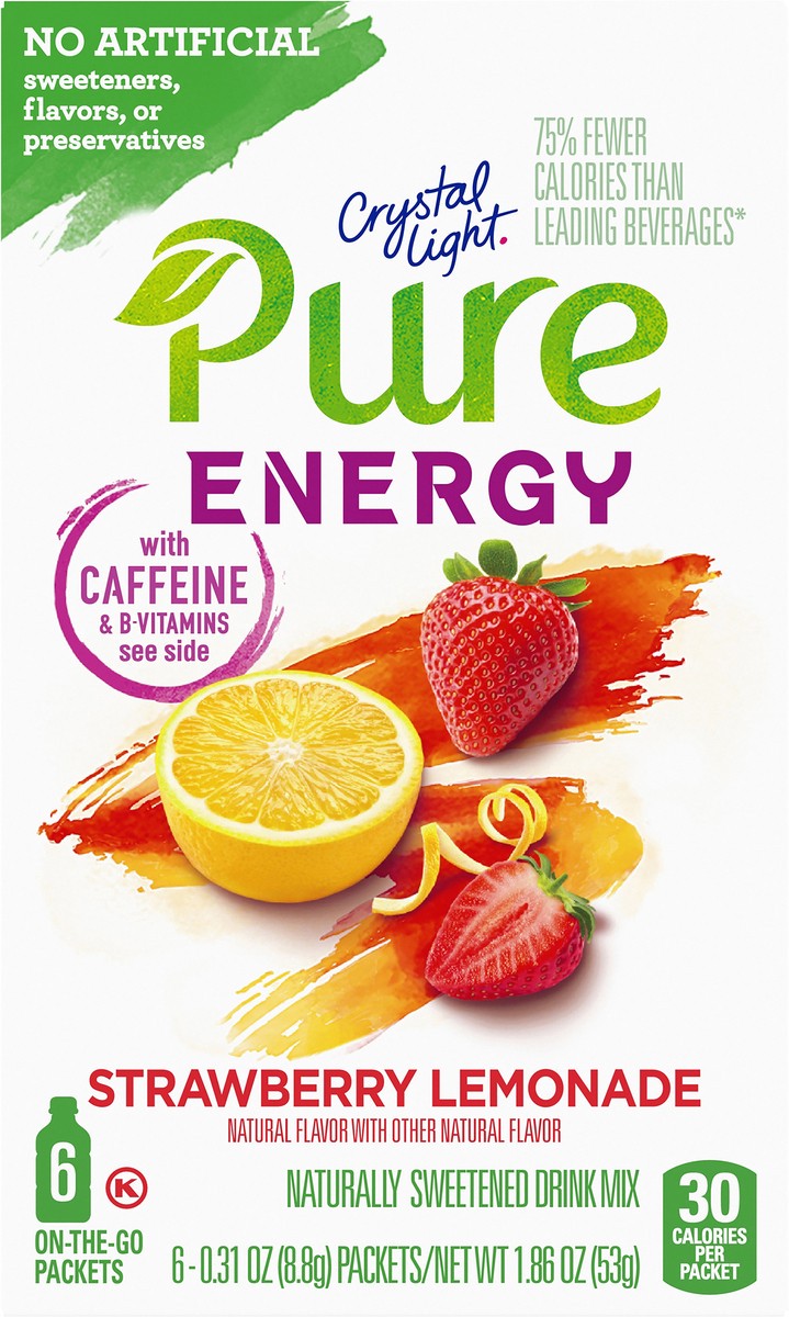 slide 11 of 14, Crystal Light Pure Energy Strawberry Lemonade Naturally Flavored Powdered Drink Mix with Caffeine & No Artificial Sweeteners, 6 ct On-the-Go Packets, 6 ct