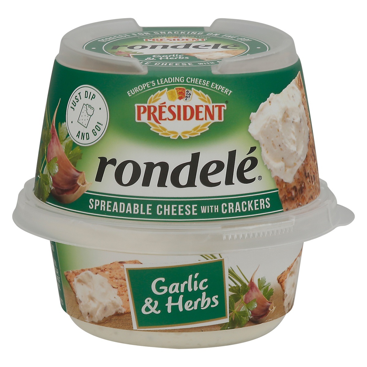 slide 1 of 1, Président Rondele Spreadable Cheese With Crackers, Garlic & Herb, 