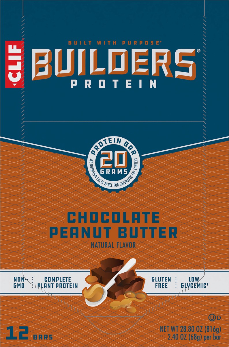 slide 9 of 9, CLIF Builders - Chocolate Peanut Butter Flavor - Protein Bars - Gluten-Free - Non-GMO - Low Glycemic - 20g Protein - 2.4 oz. (12 Count), 28.8 oz