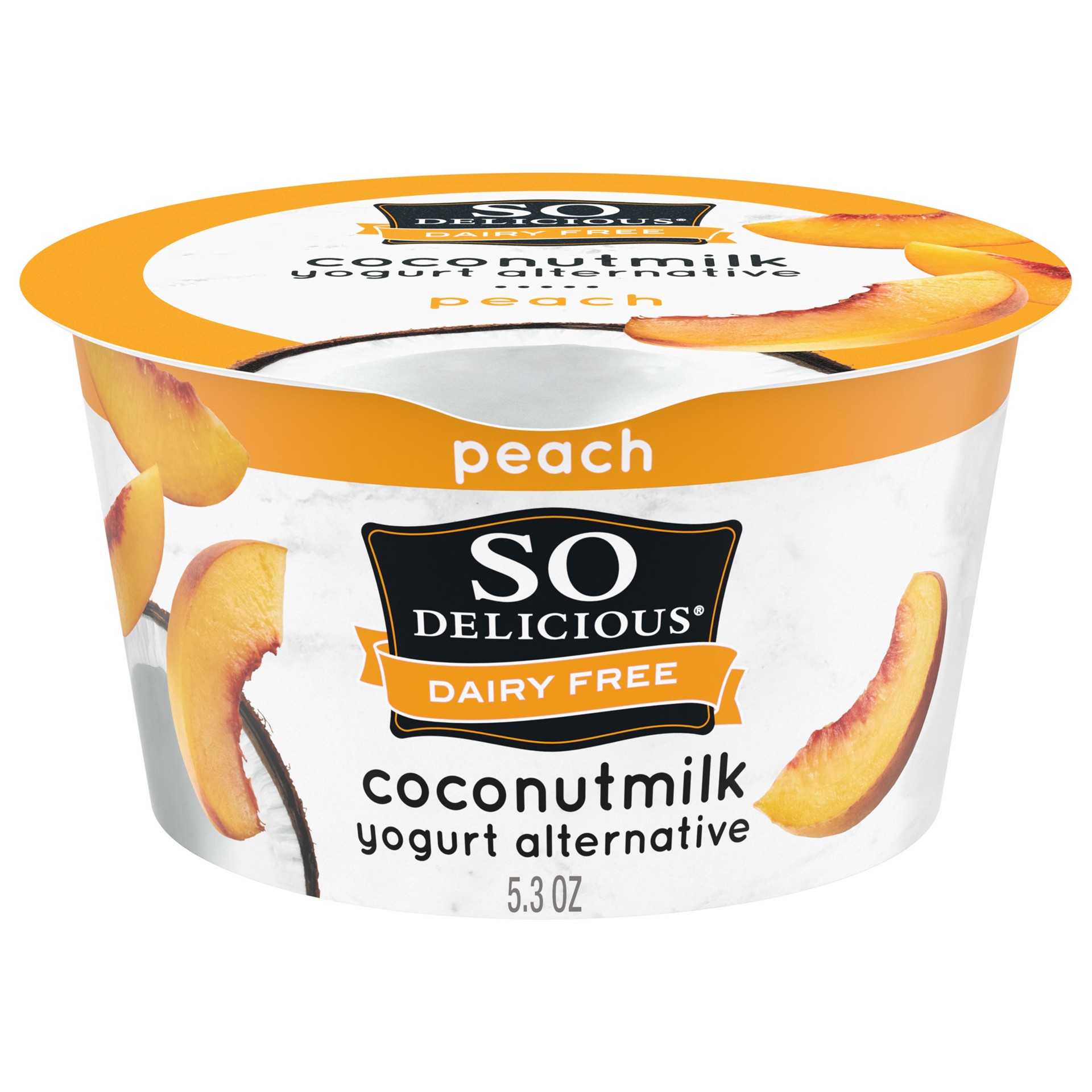 slide 1 of 5, So Delicious Dairy Free Coconut Milk Yogurt Alternative, Peach, Vegan, Gluten Free, Non-GMO, Creamy Plant Based Yogurt Alternative, 5.3 oz Container, 5.30 fl oz