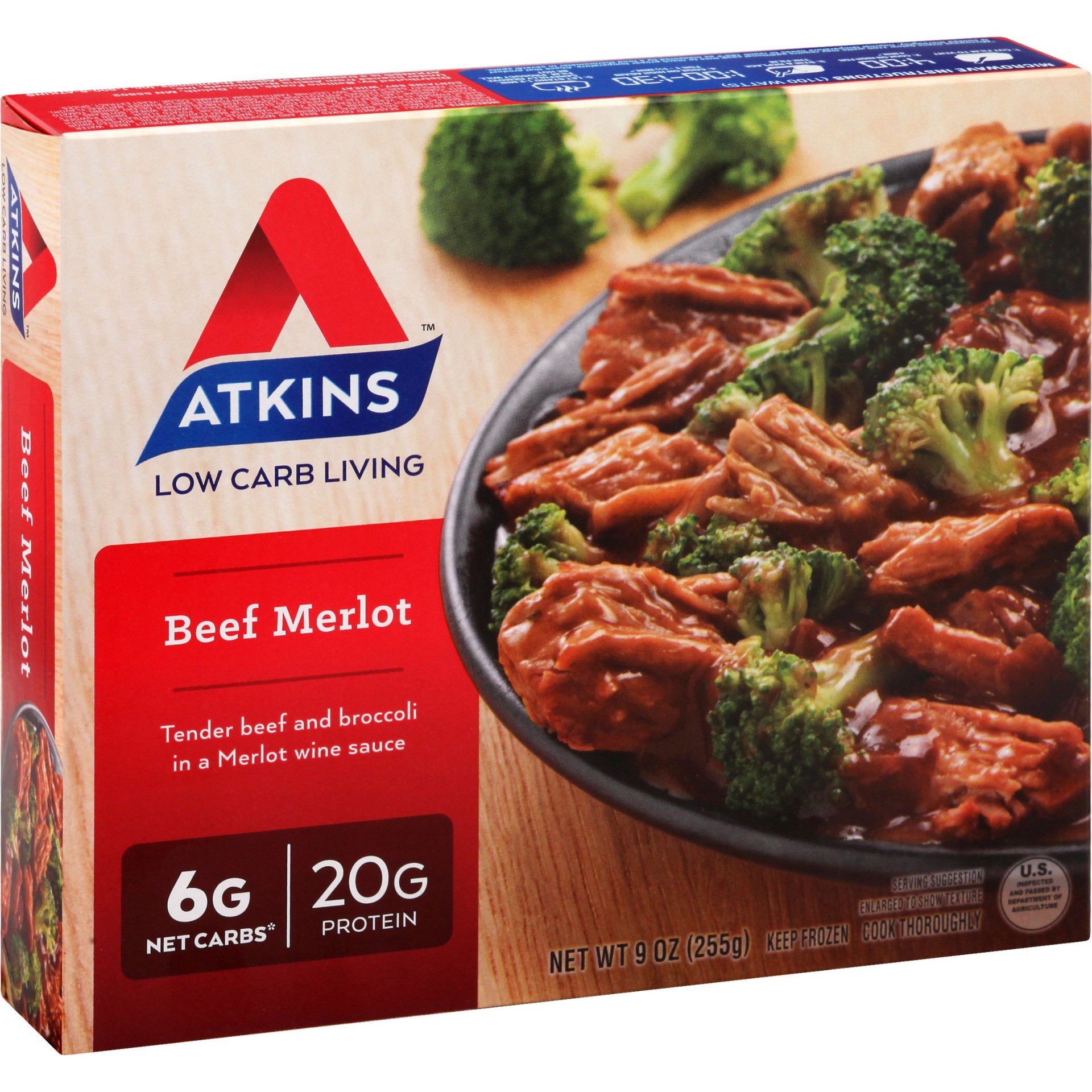 slide 1 of 9, Atkins Atkins Beef Merlot Meal 9oz (Frozen Dinner) 9 Oz. (Frozen), 9 oz