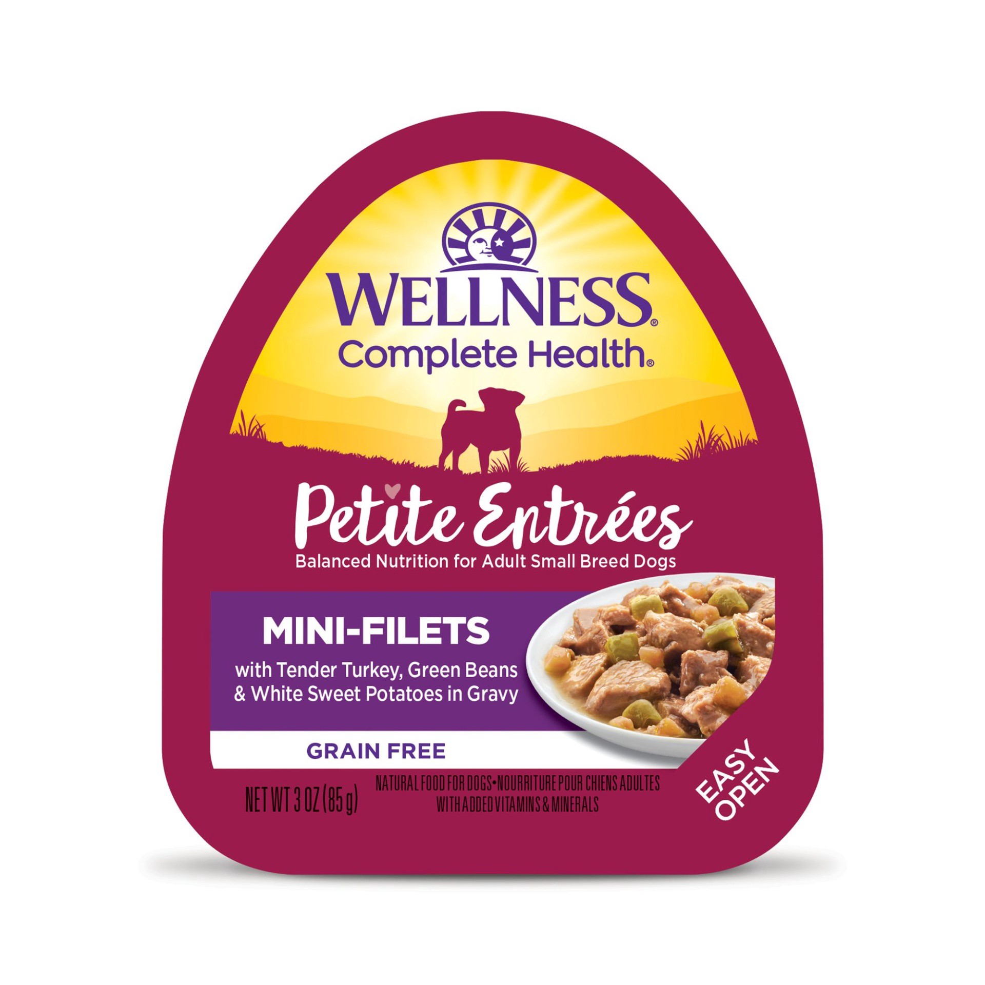 slide 1 of 1, Wellness Petite Entrees Mini-Filets Turkey Green Beans & Sweet Potatoes in Gravy Dog Food, 3 oz