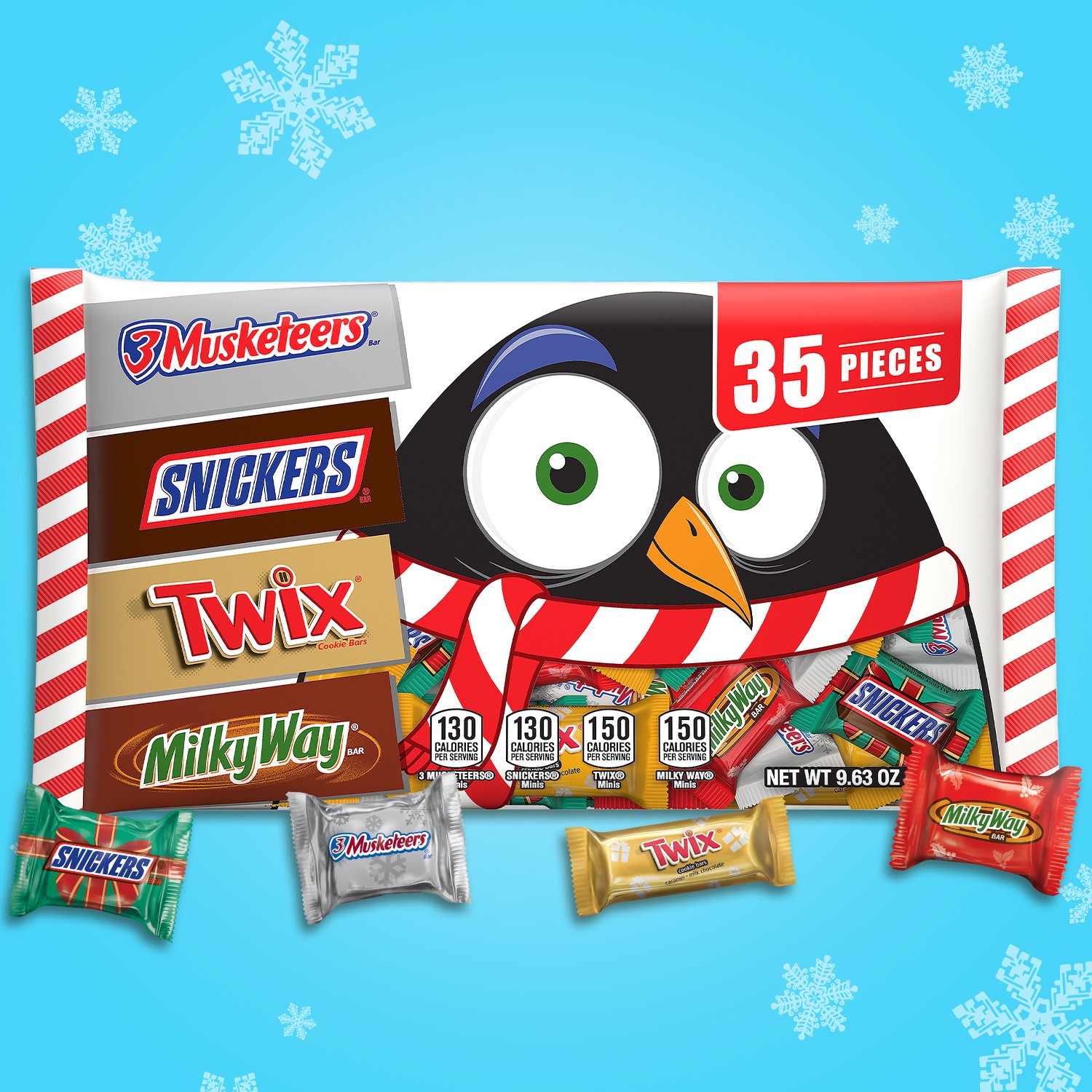 slide 3 of 5, Mixed SNICKERS, TWIX, MILKY WAY & 3 MUSKETEERS Holiday Chocolate Candy Minis Size Variety Pack 9.63oz 35ct, 35 ct