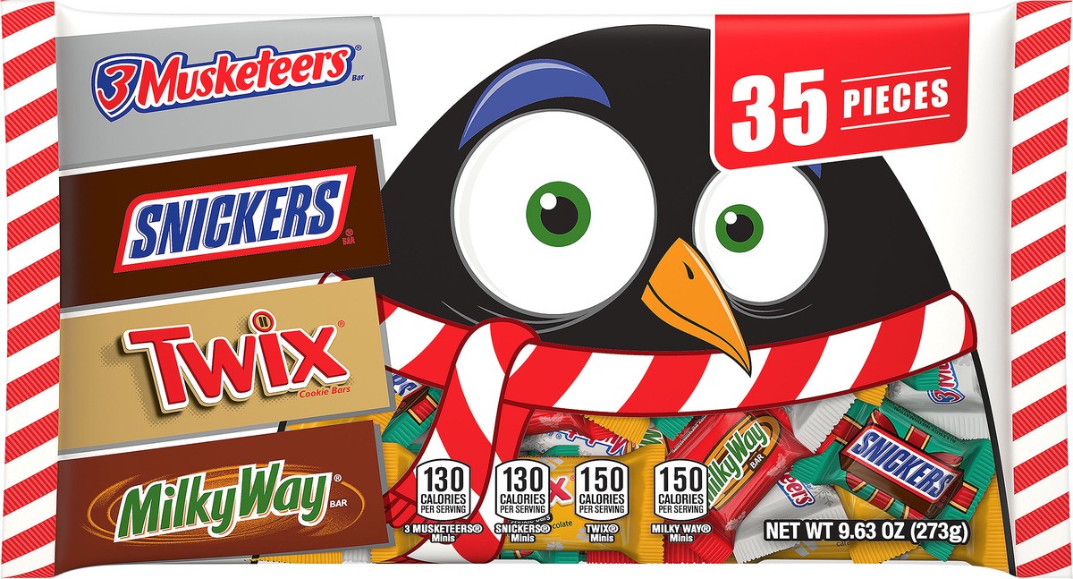 slide 1 of 5, Mixed SNICKERS, TWIX, MILKY WAY & 3 MUSKETEERS Holiday Chocolate Candy Minis Size Variety Pack 9.63oz 35ct, 35 ct
