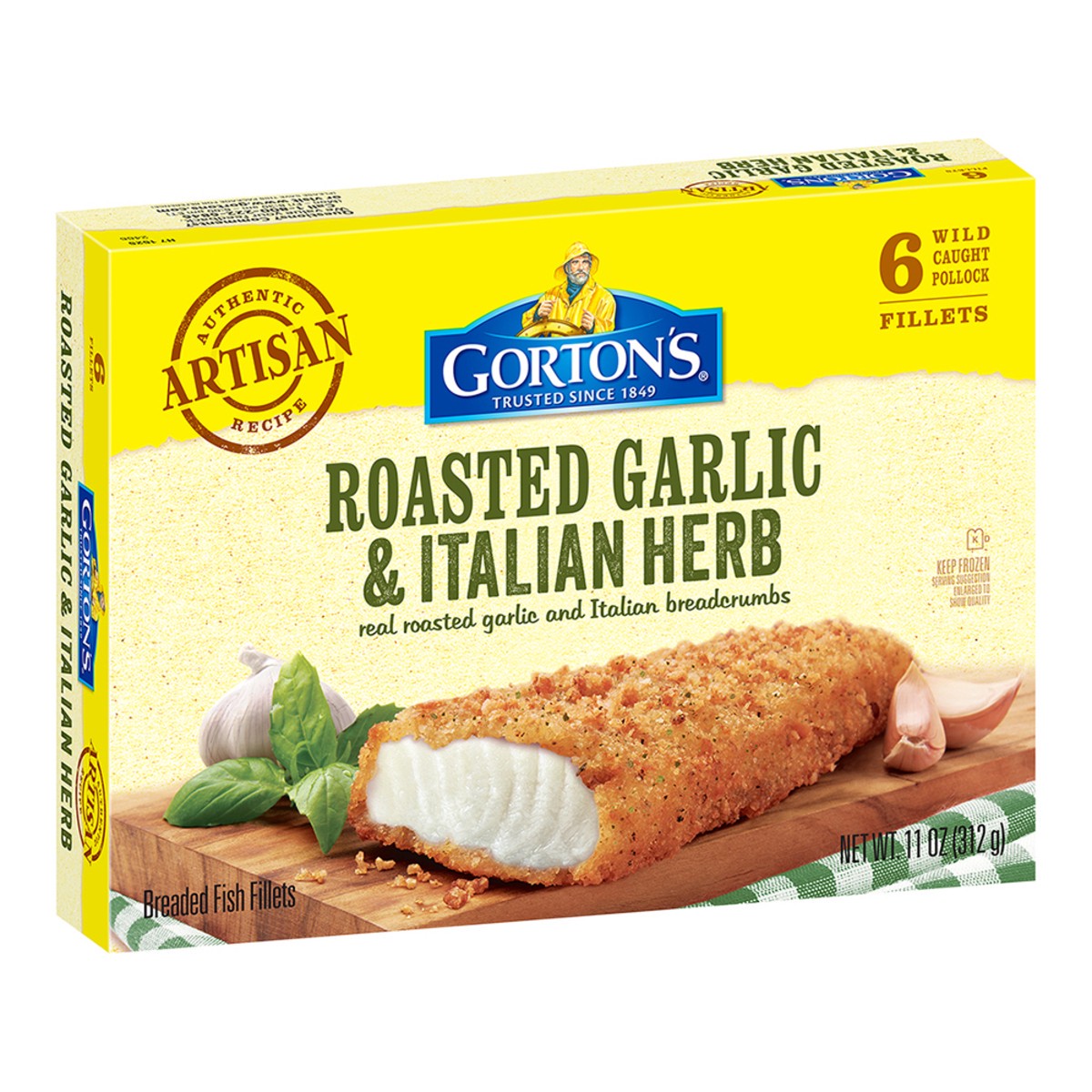 slide 3 of 9, Gorton's Roasted Garlic & Italian Herb Artisan Fish 100% Whole Fish Fillets, Wild Caught Fish with Italian Breadcrumbs, Frozen, 6 Count, 11 Ounce Package, 11 oz