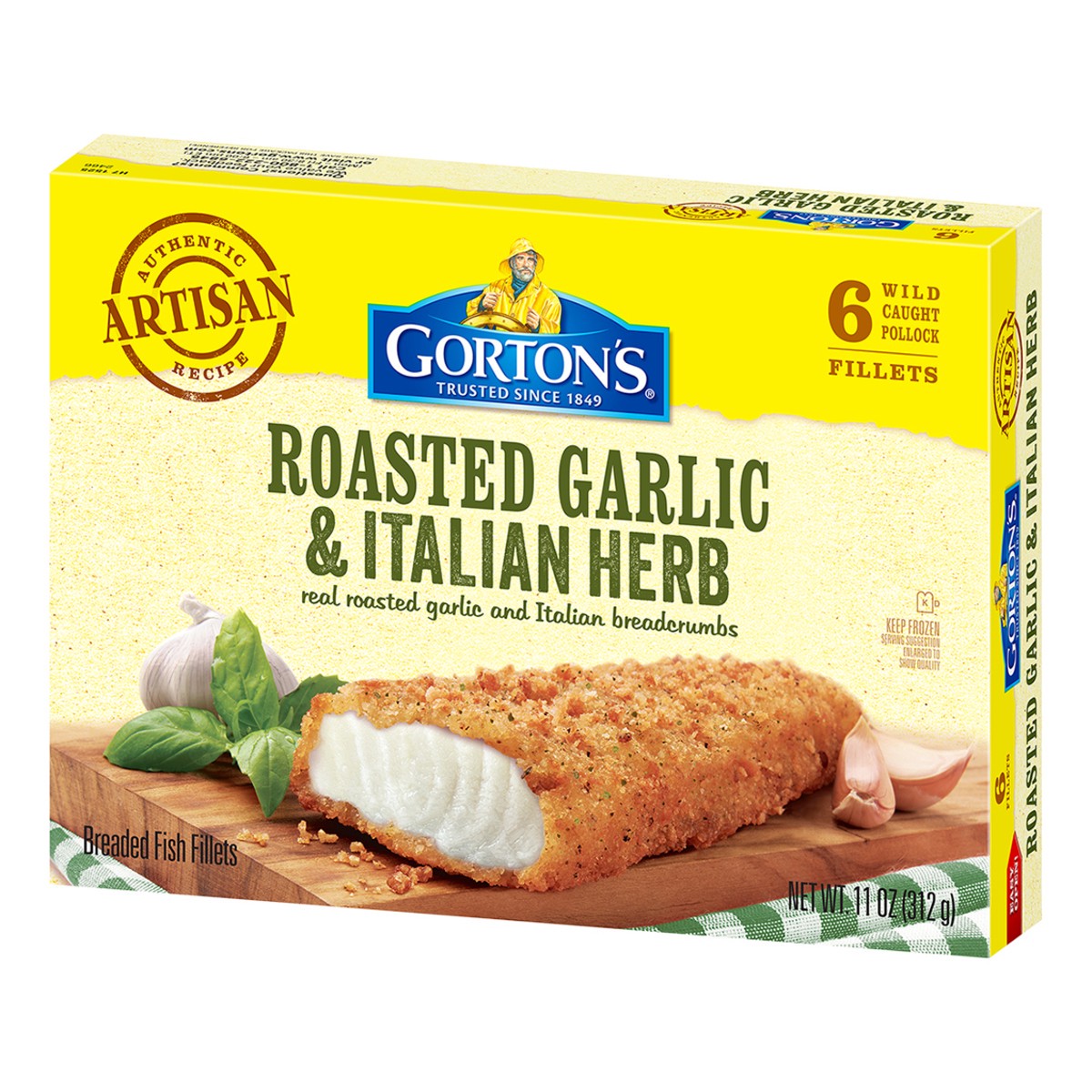 slide 6 of 9, Gorton's Roasted Garlic & Italian Herb Artisan Fish 100% Whole Fish Fillets, Wild Caught Fish with Italian Breadcrumbs, Frozen, 6 Count, 11 Ounce Package, 11 oz