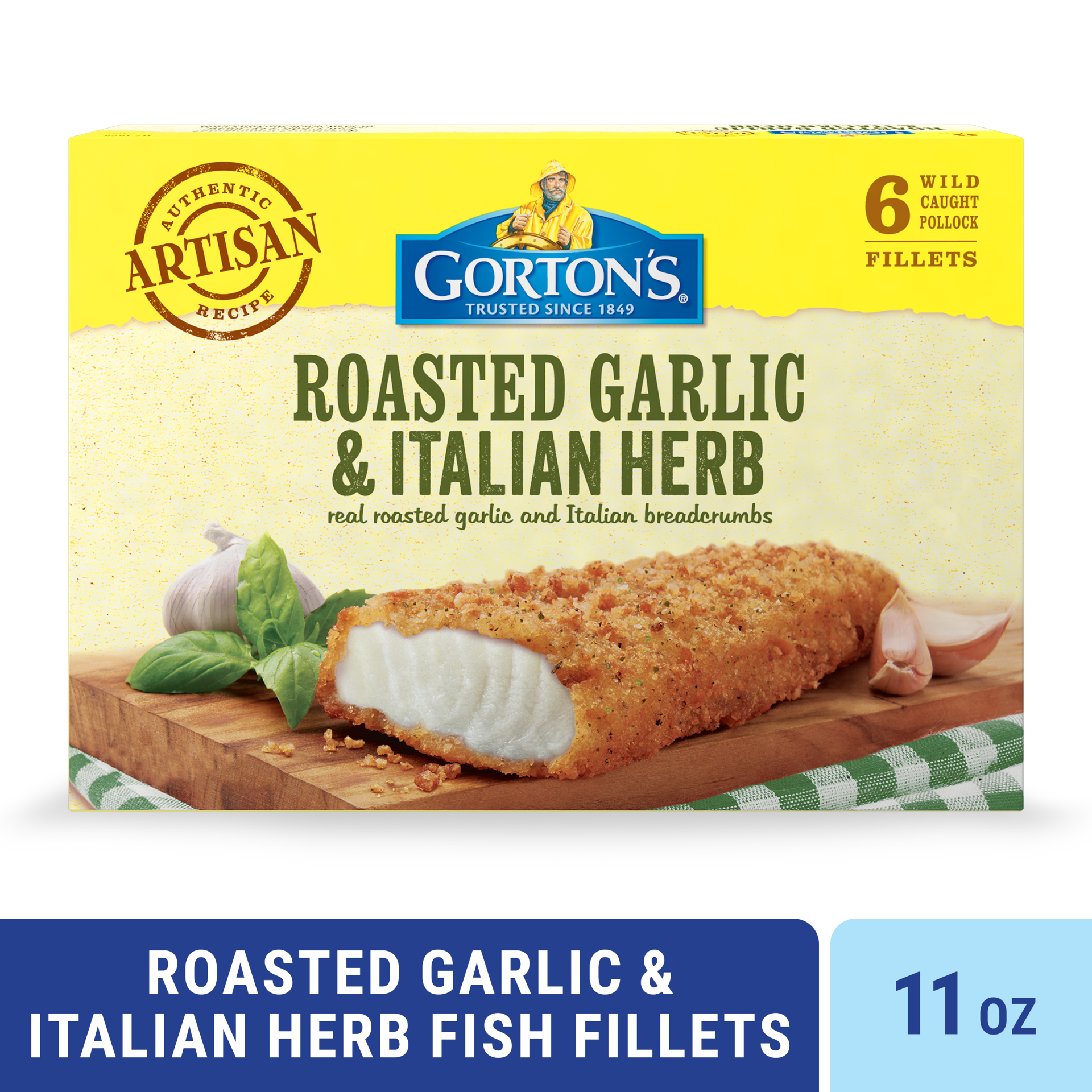 slide 1 of 9, Gorton's Roasted Garlic & Italian Herb Artisan Fish 100% Whole Fish Fillets, Wild Caught Fish with Italian Breadcrumbs, Frozen, 6 Count, 11 Ounce Package, 11 oz