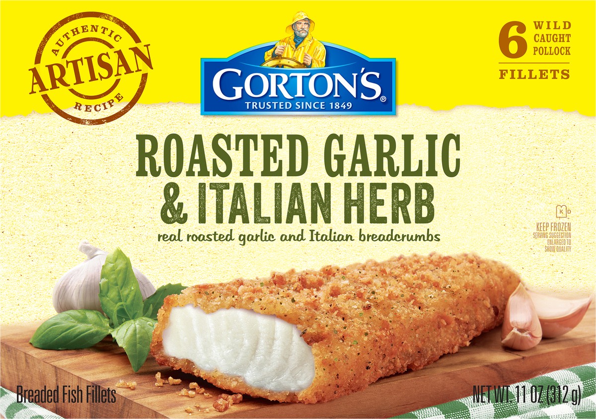 slide 7 of 9, Gorton's Roasted Garlic & Italian Herb Artisan Fish 100% Whole Fish Fillets, Wild Caught Fish with Italian Breadcrumbs, Frozen, 6 Count, 11 Ounce Package, 11 oz