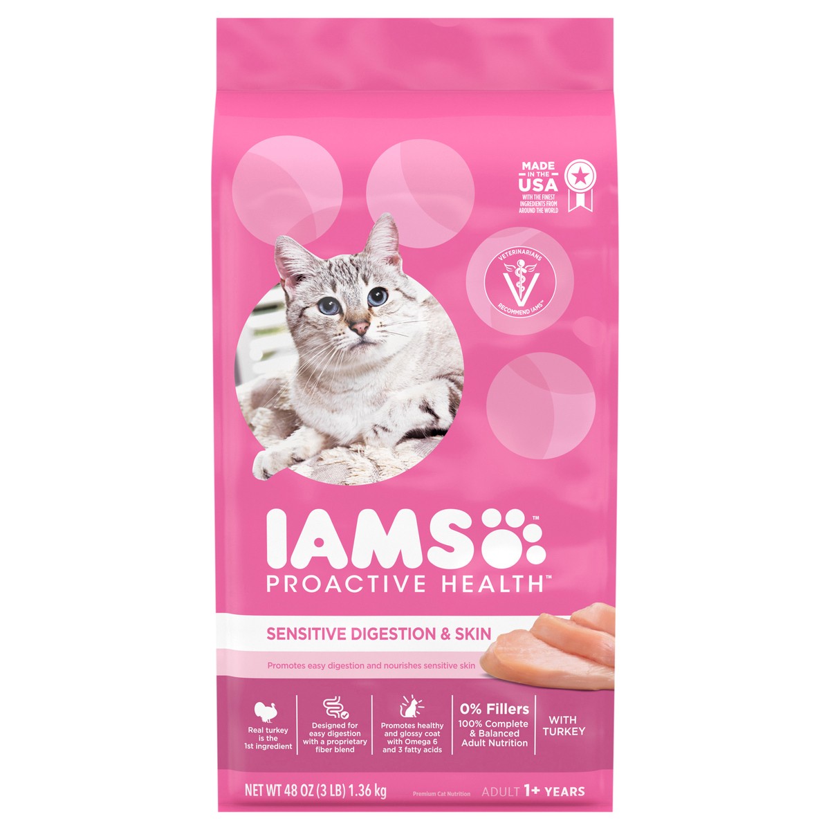 slide 1 of 4, IAMS PROACTIVE HEALTH Adult Sensitive Digestion and Skin Dry Cat Food with Turkey, 3 lb. Bag, 48 oz