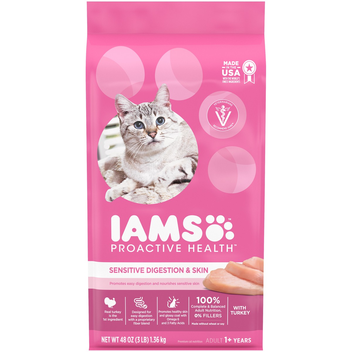 slide 1 of 4, IAMS Proactive Health Sensitive Digestion & Skin with Turkey Premium Cat Food 48 oz. Bag, 48 oz