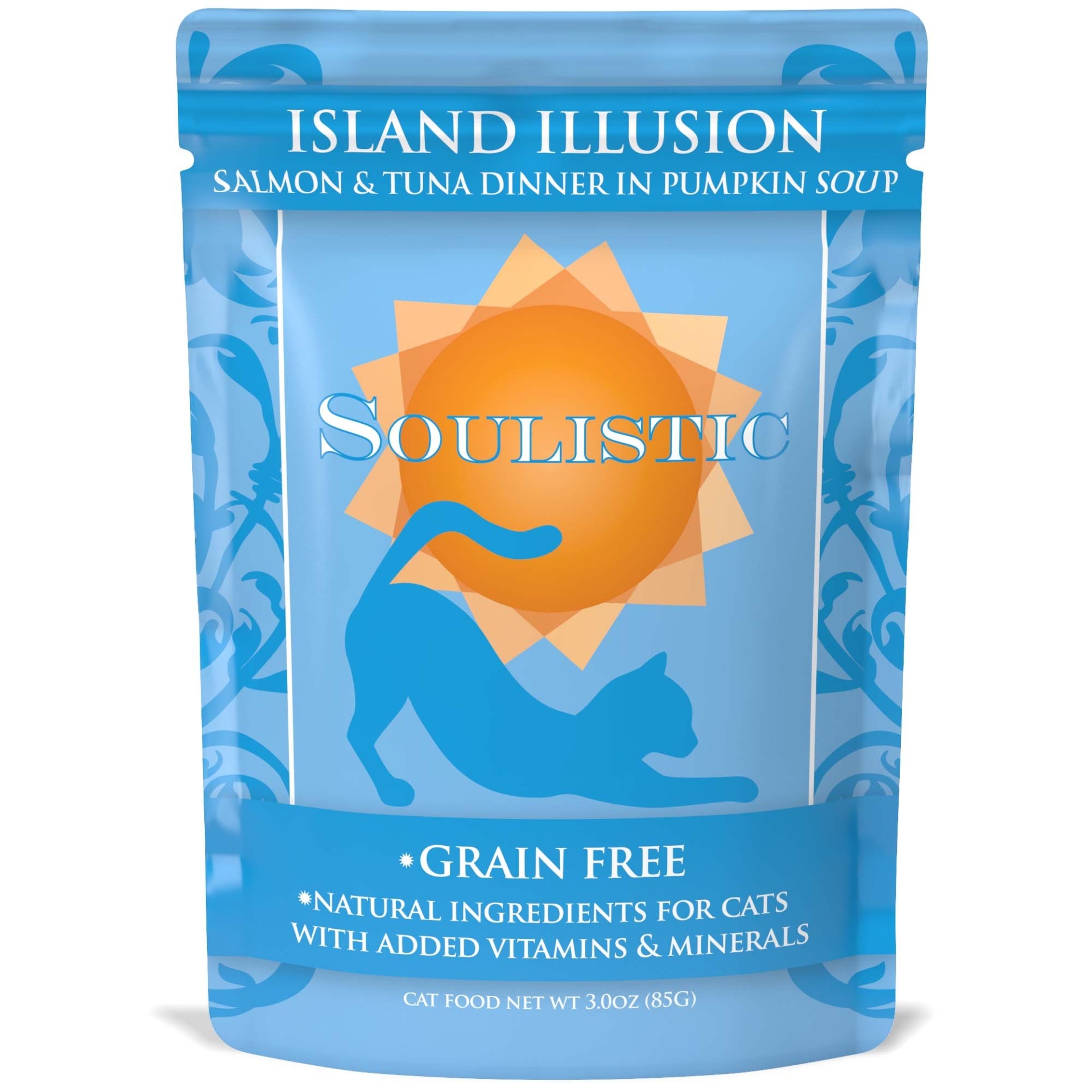 slide 1 of 1, Soulistic Island Illusion Salmon & Tuna Dinner in Pumpkin Soup Cat Food Pouches, 3 oz