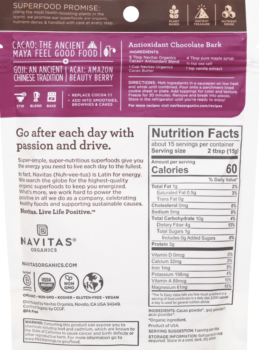 slide 2 of 9, Navitas Organic Navita Cacao + Og1 Antiox Powder, 8 oz