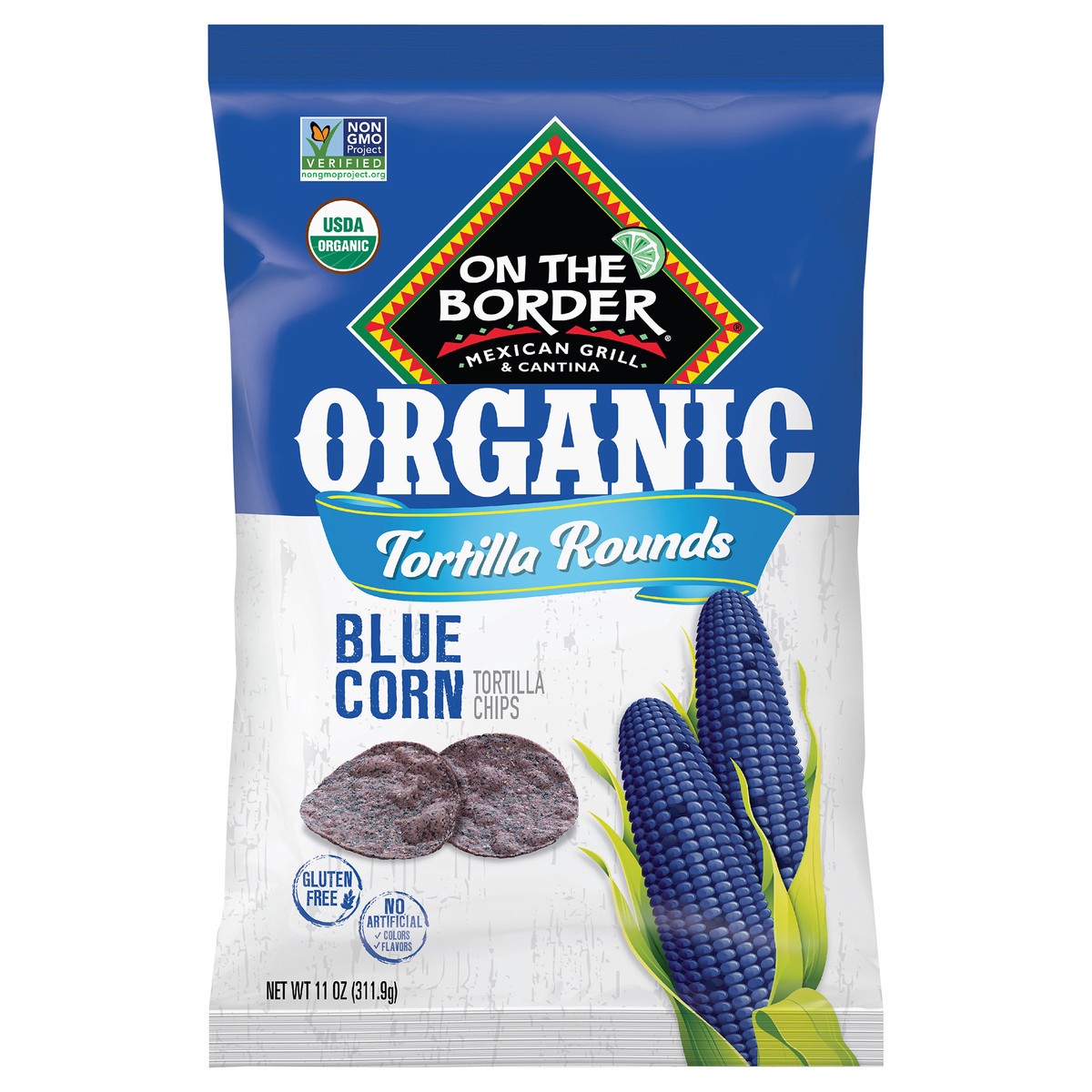 slide 1 of 10, On The Border 11oz On The Border Organic Blue Corn Tortilla Rounds Chips, 11 oz