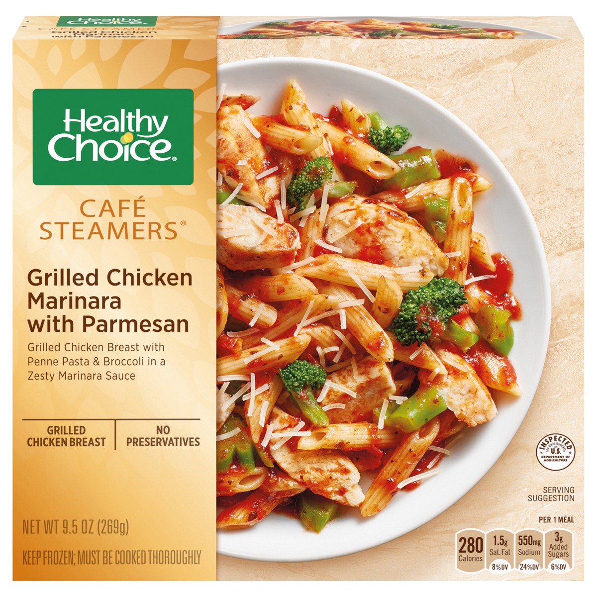 slide 1 of 5, Healthy Choice Cafe Steamers Grilled Chicken Marinara with Parmesan, Frozen Meal, 9.5 OZ Bowl, 9.5 oz