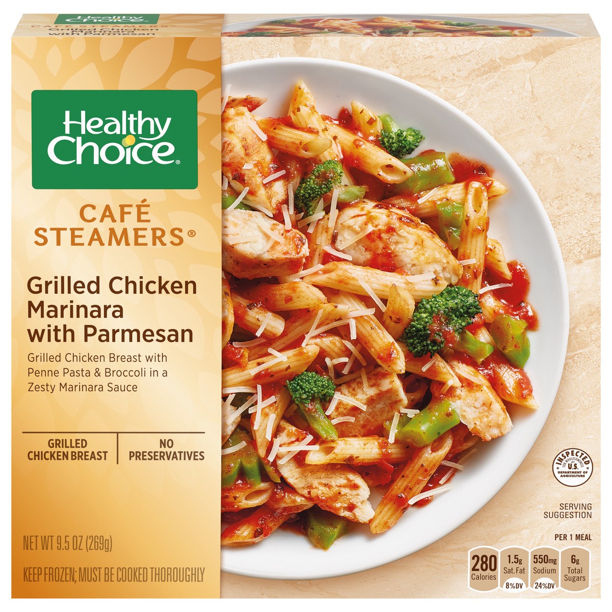 slide 1 of 5, Healthy Choice Cafe Steamers Grilled Chicken Marinara with Parmesan, Frozen Meal, 9.5 OZ Bowl, 9.5 oz