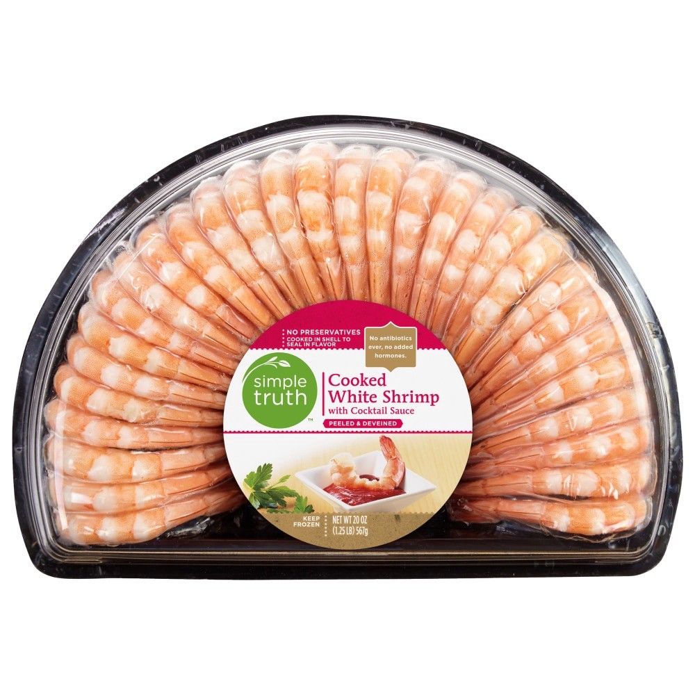 slide 1 of 2, Simple Truth Cooked White Shrimp With Cocktail Sauce, 1.25 lb