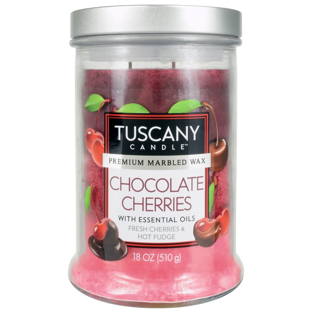 slide 1 of 1, Tuscany Candle Chocolate Cherries Premium Marbled Wax Candle Redpink, 18 oz