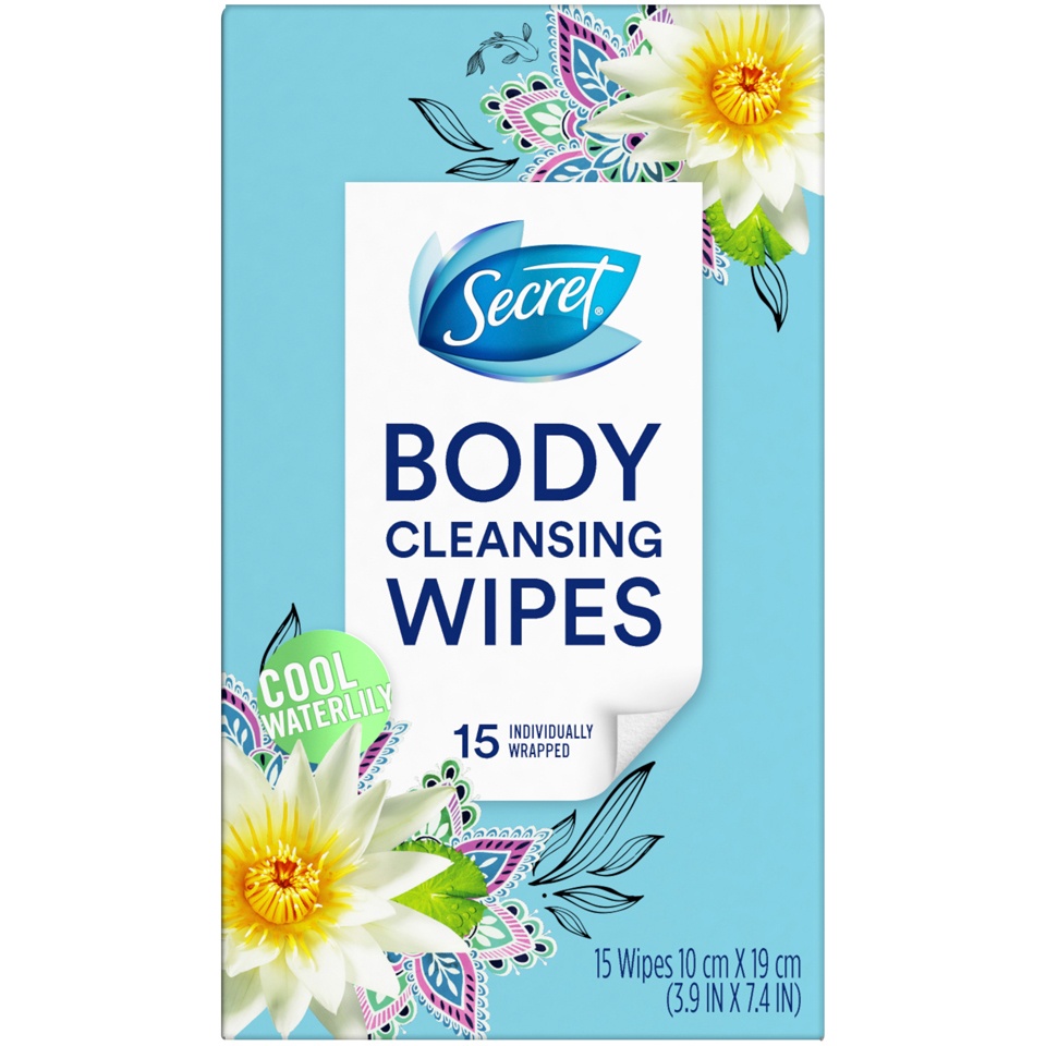 slide 1 of 2, Secret Cool Waterlily Scent Body Cleansing Wipes, 15 ct