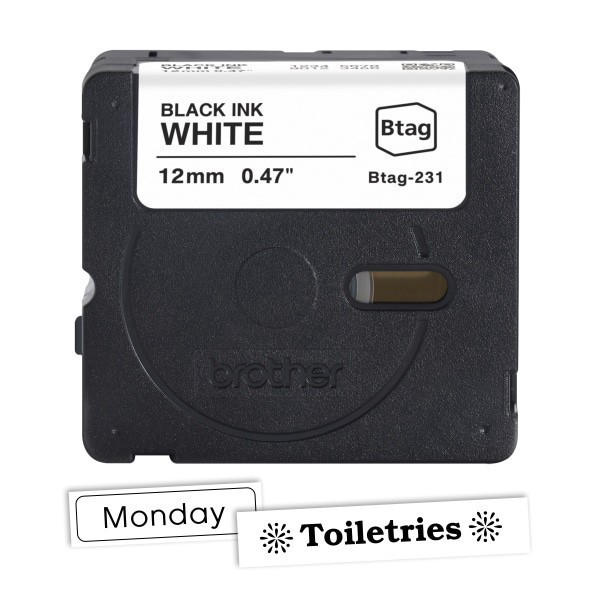 slide 4 of 10, Brother P-touch Btag Label Tape, BTAG231, 0.47 in by 13.1 ft, Black on White, 1 ct