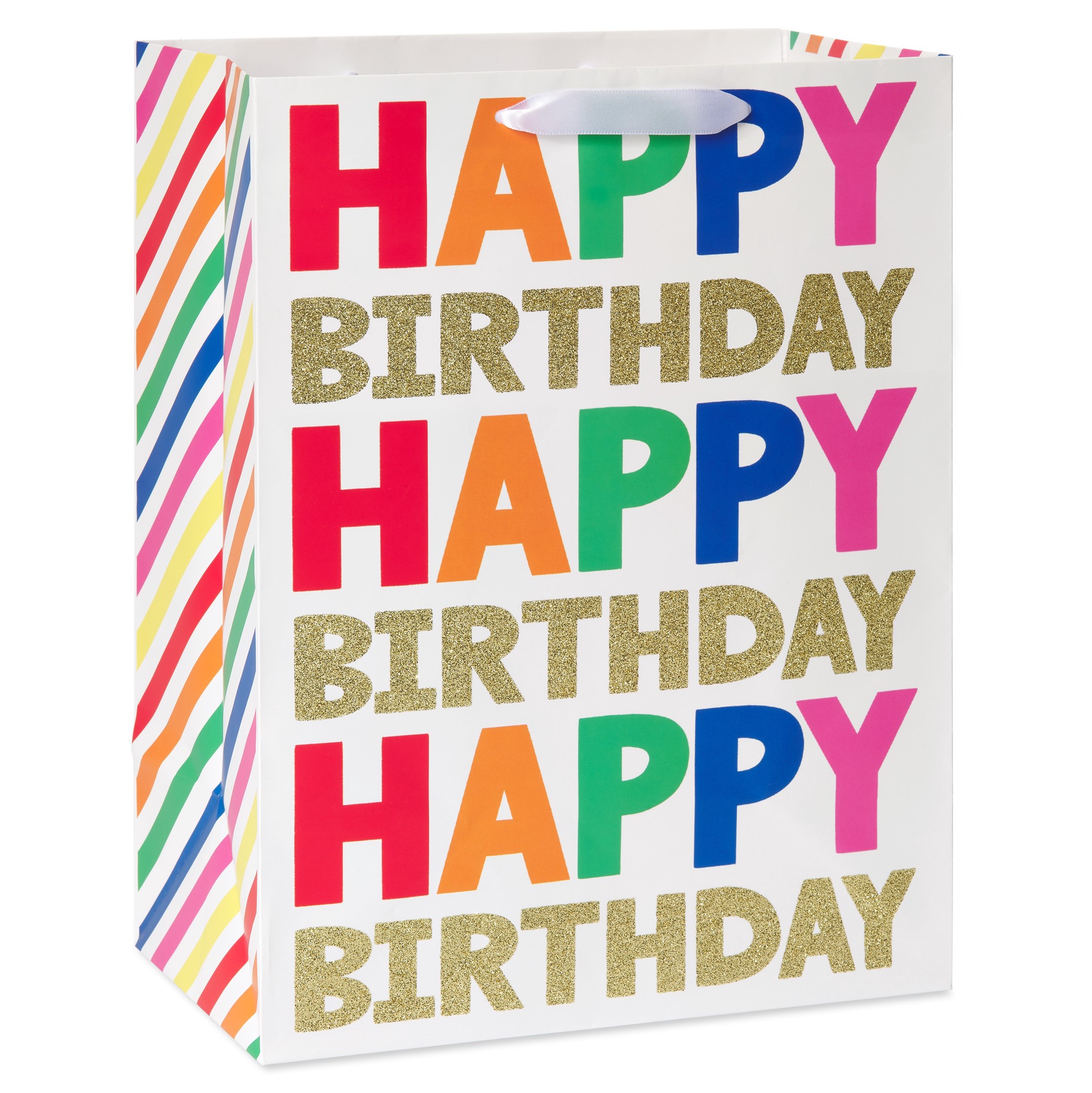 slide 1 of 9, American Greetings Make a special statement for someone''s birthday with this gift bag. The white bag features repeated “Happy Birthday” in multi-colored and gold lettering while the sides feature multi-colored stripes. The large size is perfect for a variety of hard-to-wrap presents. It''s sure to brighten up anyone''s big day in a festive way., 1 ct