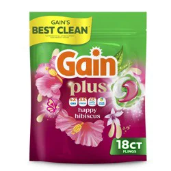 Gain Plus Flings Liquid Washing Detergent pacs, Gain''s Best Clean, All-In-One, Happy Hibiscus Scent, 18-Count bag