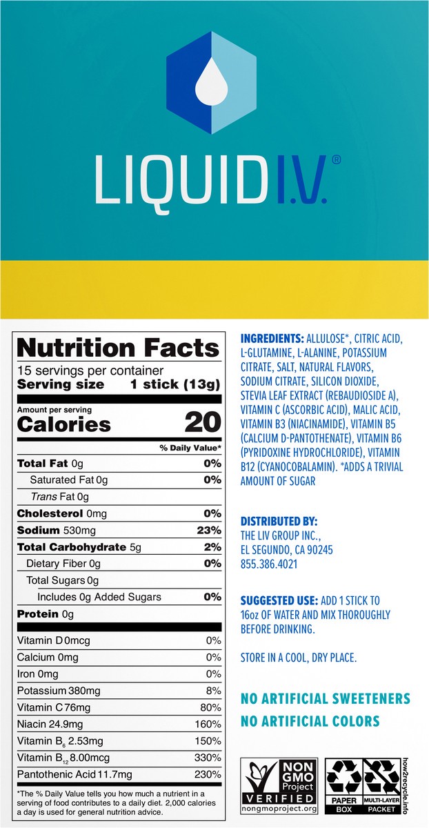 slide 7 of 7, Liquid I.V. Hydration Multiplier Sugar-Free Lemon Lime Electrolyte Drink Mix 15 - 0.45 oz Stick Packs, 15 ct
