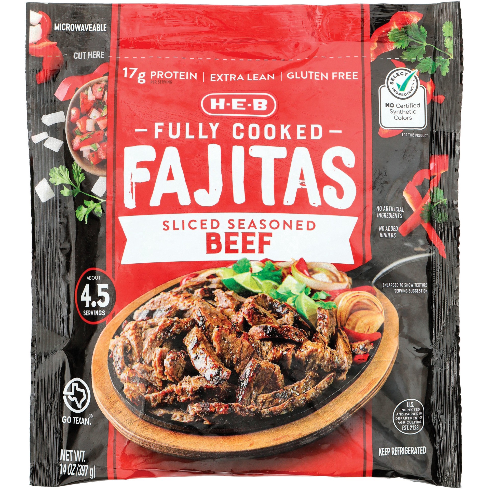 slide 1 of 1, H-E-B Fully Cooked Seasoned Beef Fajitas, 14 oz