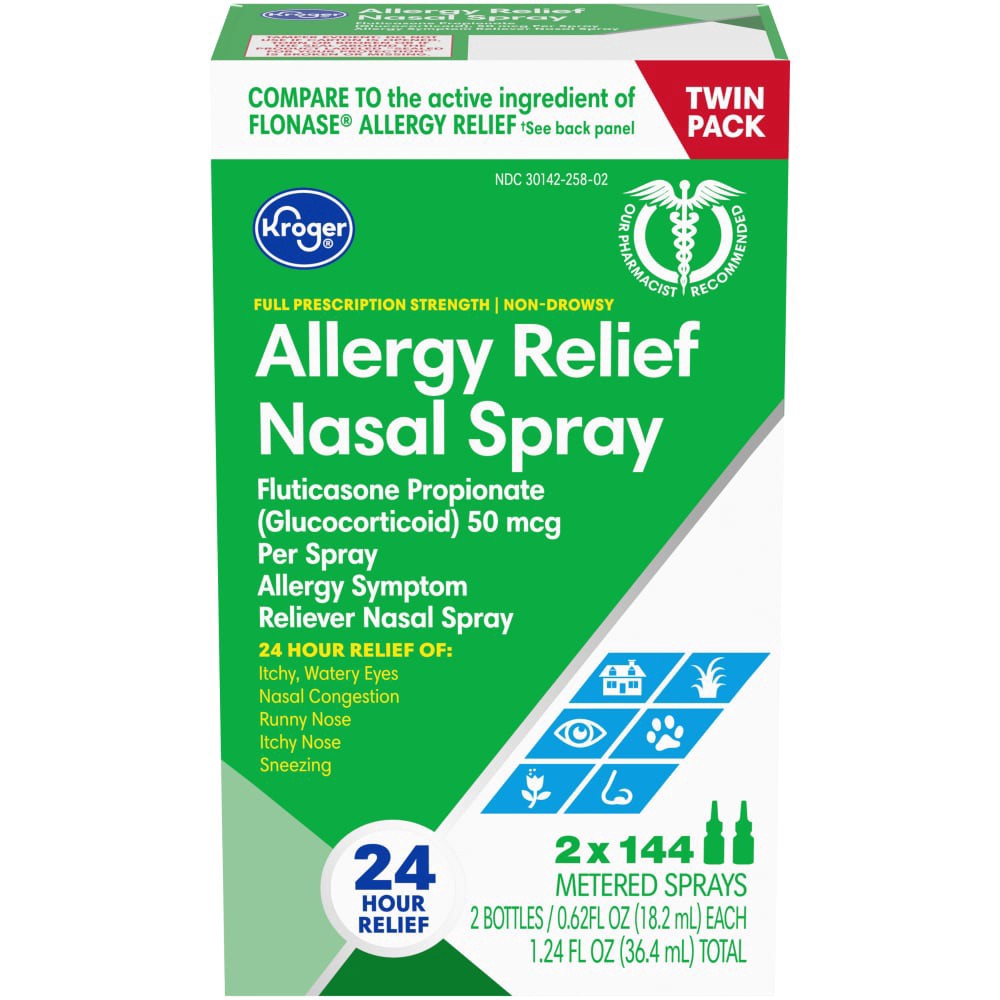 slide 3 of 3, Kroger Fluticasone Propionate 24 Hour Allergy Relief Nasal Spray 50Mcg Twin Pack, 2 ct / 1.24 fl oz