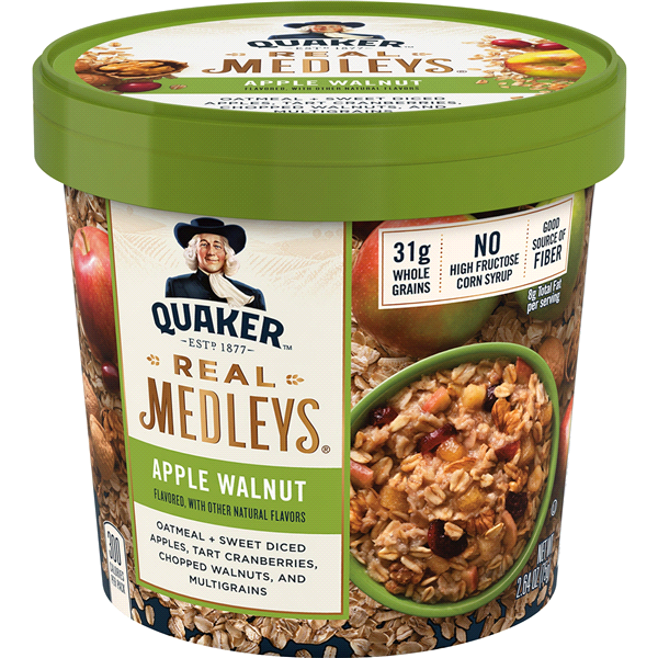 slide 1 of 1, Quaker Real Medleys, Apple Walnut Oatmeal, 2.64 oz