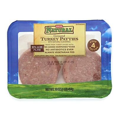 slide 1 of 1, H-E-B 93% Lean Natural Ground Turkey Patties, 16 oz