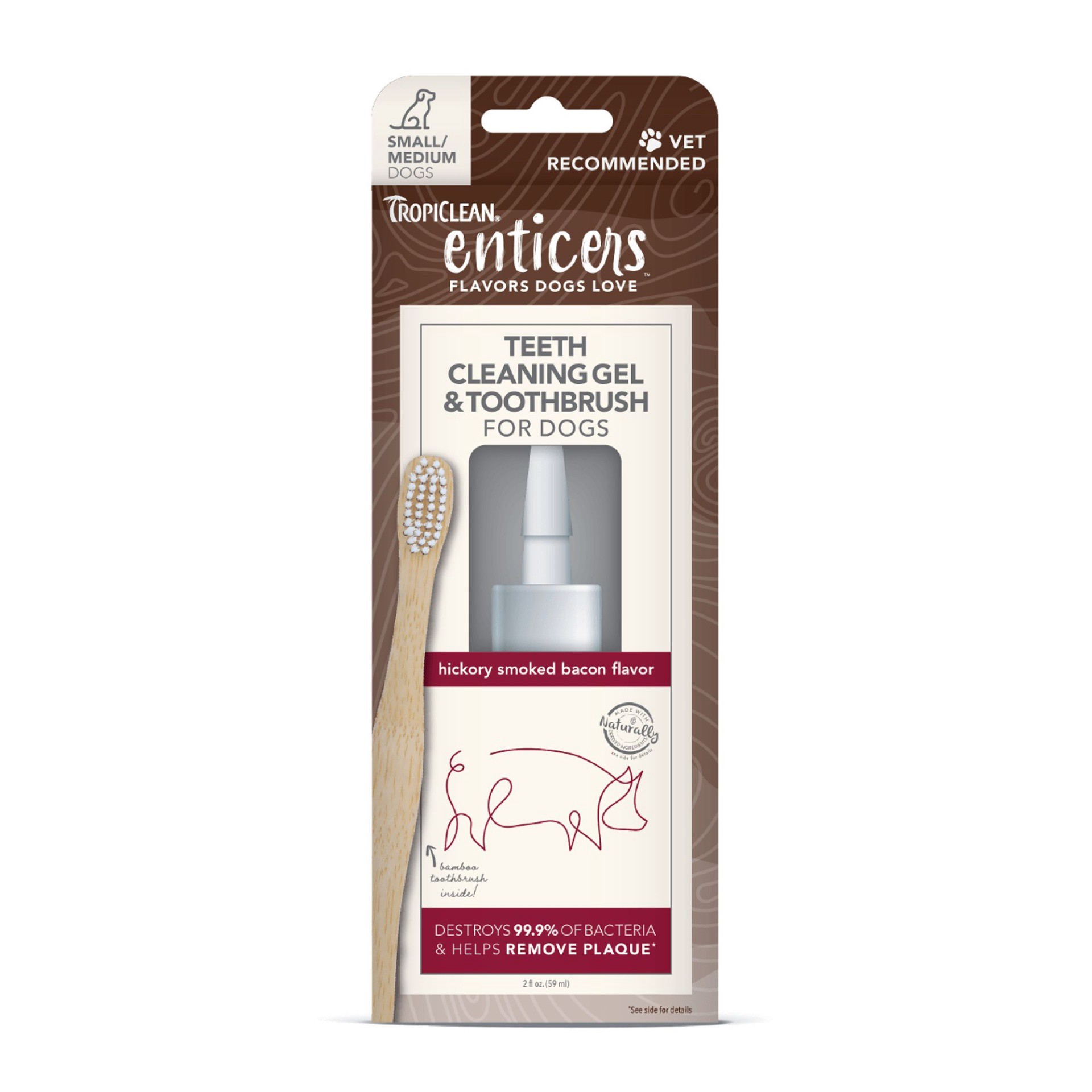 slide 1 of 1, TropiClean Sunsetting - TropiClean Enticers Teeth Cleaning Gel & Toothbrush for S/M Dogs - Hickory Smoked Bacon Flavor, 2oz, 2 oz
