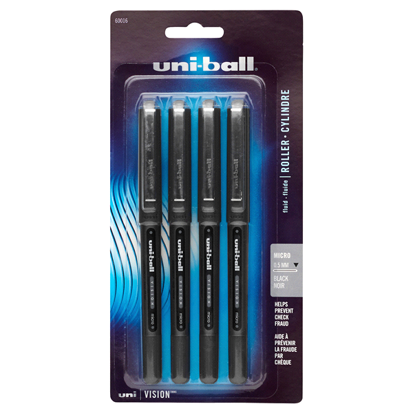 slide 1 of 1, uni-ball Vision Rollerball Pens, Micro Point, Black, 4 ct