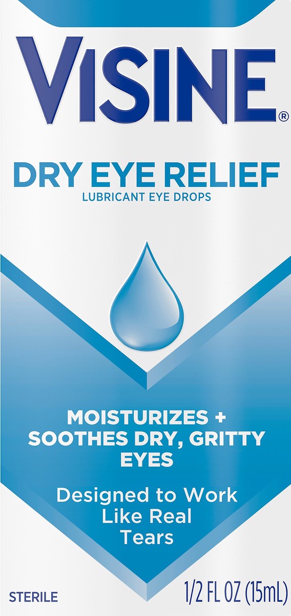 slide 2 of 7, Visine Dry Eye Relief Lubricant Eye Drops with Polyethylene Glycol 400 to Moisturize and Soothe Irritated, Gritty and Dry Eyes, Designed to Work like Real Tears, 0.5 fl. oz, 0.5 fl oz