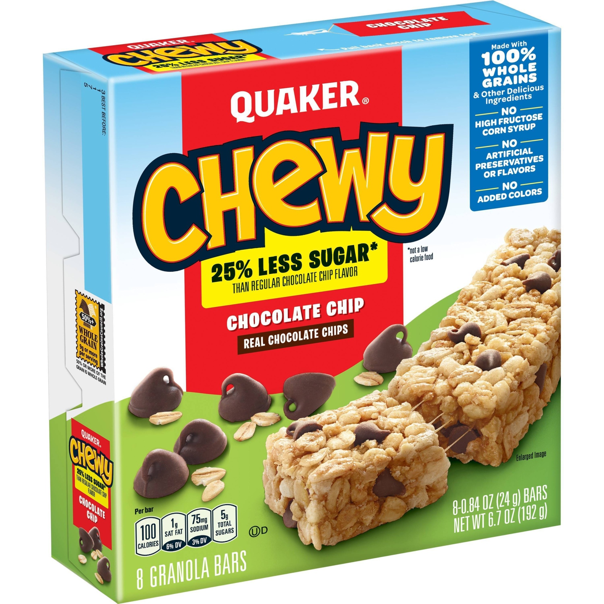slide 1 of 4, Quaker Chewy Reduced Sugar Chocolate Chip Granola Bars, 8 ct; 0.64 oz