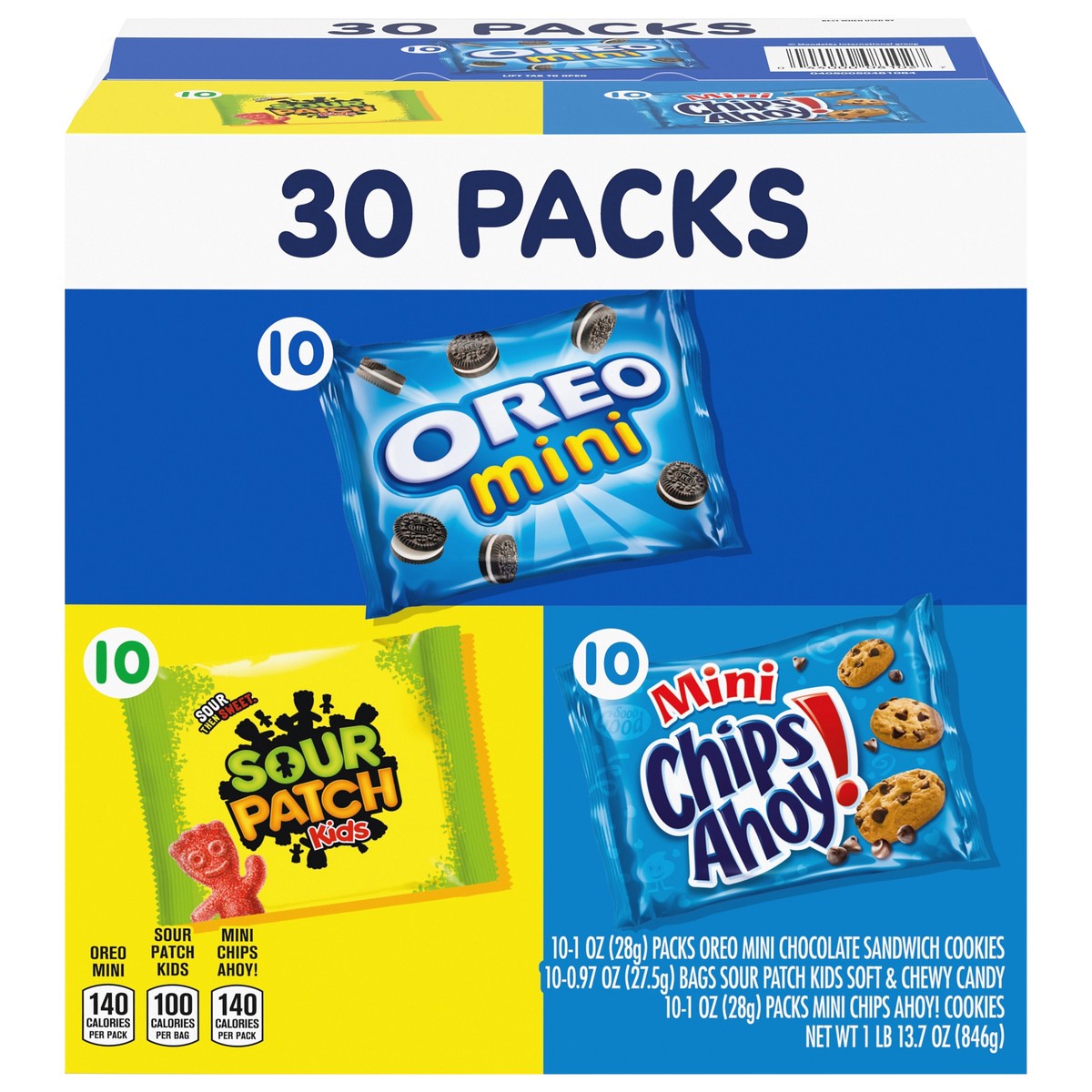 slide 13 of 14, Mixed Nabisco Cookies & Candy Variety Pack, SOUR PATCH KIDS Candy, OREO Mini Cookies, and Mini CHIPS AHOY! Cookies, 30 Snack Packs, 30 ct